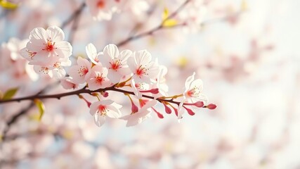 Obraz premium Delicate cherry blossoms float gently on a gentle spring breeze their pale pink hue glistening in sunlight, cherry blossoms, blooming trees, soft pink petals