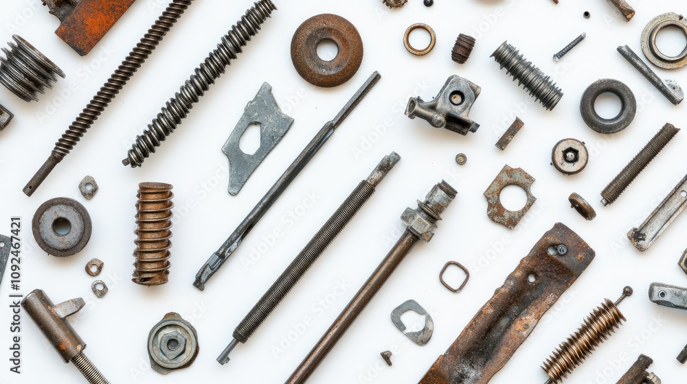 Poster a diverse collection of industrial metal parts and tools displayed on a white surface for mechanical