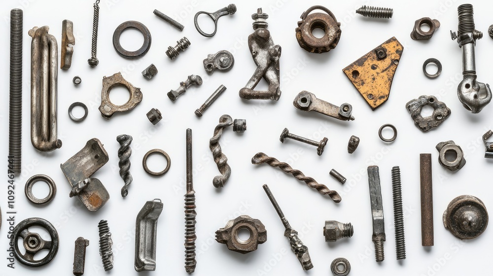 Poster diverse collection of various metallic fasteners and mechanical components displayed on a clean back