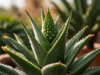 Fototapeta premium A lush aloe vera photographed at close range in a home garden