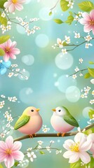 Fototapeta premium Two birds sitting on a blossoming branch in springtime