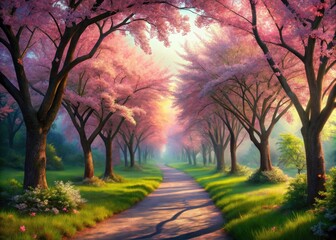 Fototapeta premium Enchanted Cherry Blossom Path: A Magical Journey through a Tranquil Forest of Blossoms and Sunlight