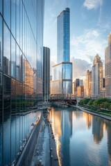 Fototapeta premium Modern Cityscape Reflection on Glass: Urban city skyline reflected on a building's glass facade, capturing a sleek, architectural perspective. 