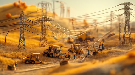Intricate miniature construction scene with tiny workers and power lines amidst golden fields, showcasing rural engineering, Generative KI