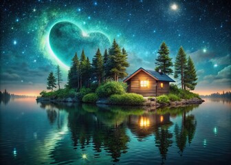 Fototapeta premium Enchanting Night Photography of a Cozy Cabin on a Heart-Shaped Island Surrounded by Crystal Clear Waters Under a Starry Sky