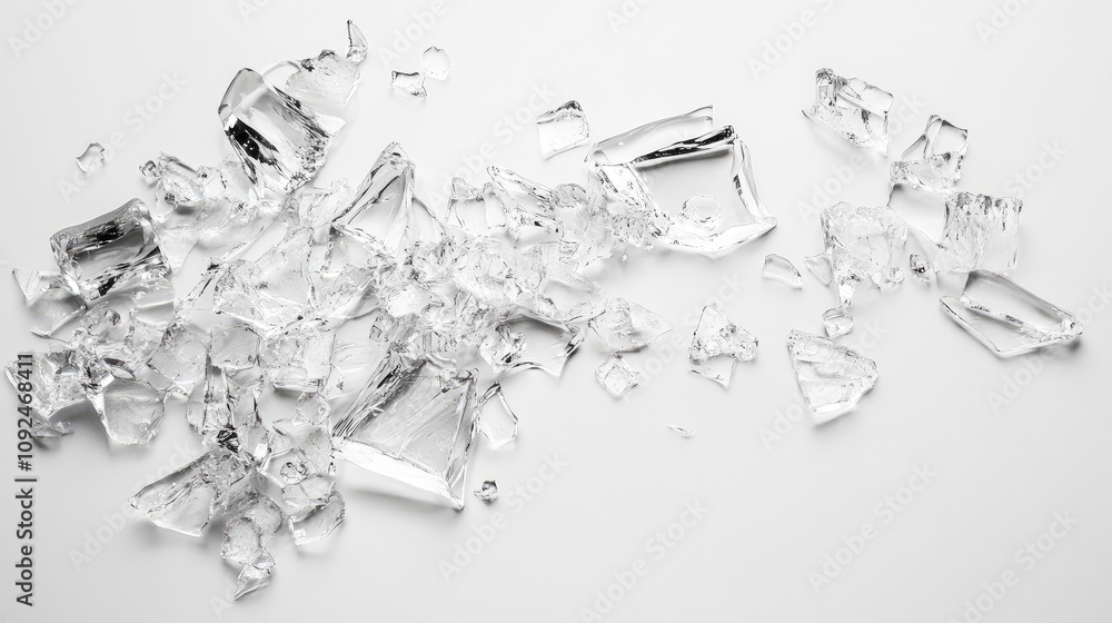 Poster shattered glass pieces on white surface creating a dynamic abstract composition with reflective text