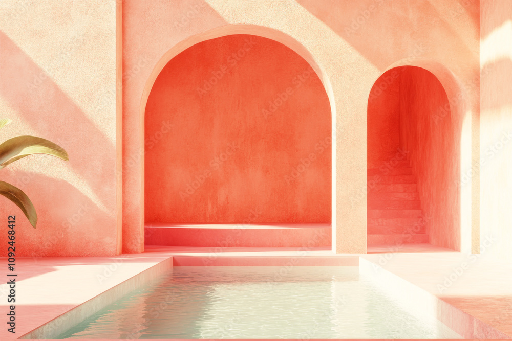 Poster empty pink swimming pool in minimalist interior design with arches. simple geometric composition in 