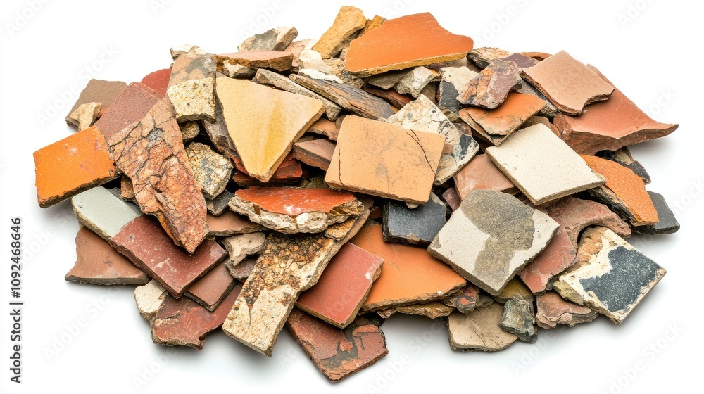 Aufkleber a diverse collection of colorful terracotta tiles and shards piled together, showcasing unique textu
