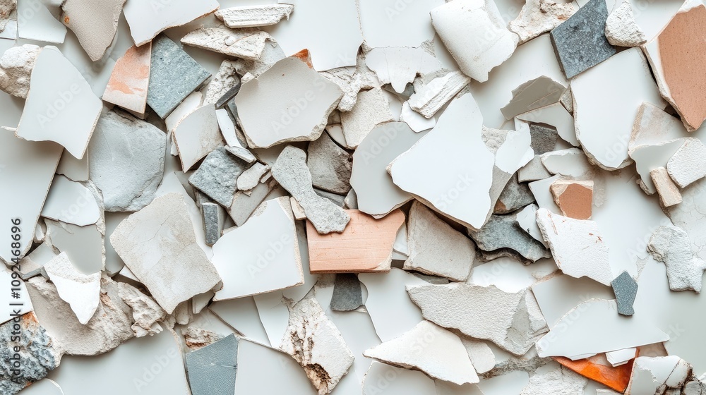 Poster mixed collection of broken ceramic and porcelain fragments with textures and colors ideal for backgr