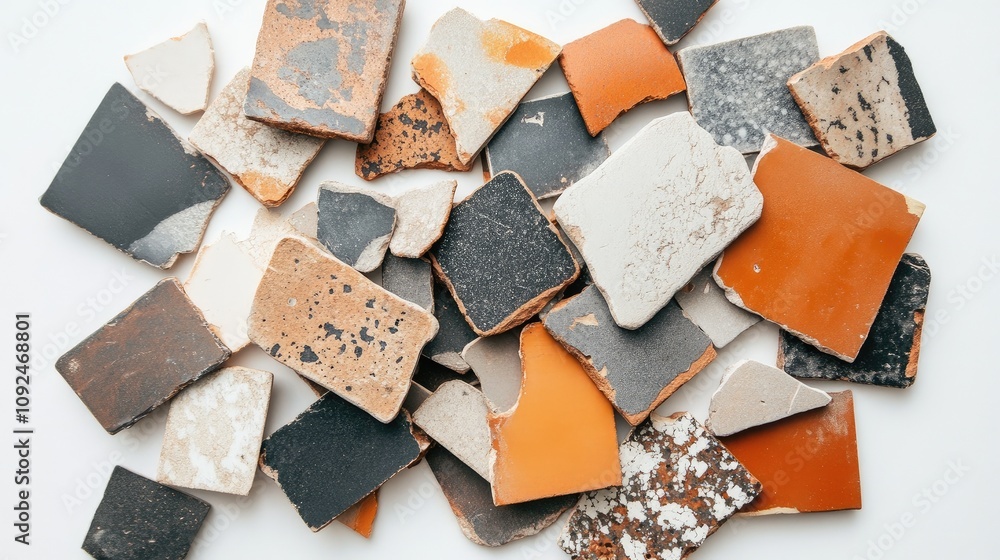 Poster a colorful collection of mosaic tile pieces showcasing a diverse range of textures and patterns for 