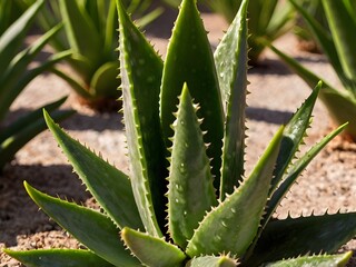 Fototapeta premium A lush aloe vera photographed at close range in a home garden