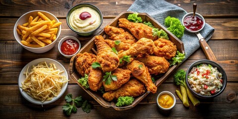 Aerial View of Crispy Fried Chicken Legs in a Container Surrounded by Delicious Sides for a Flavorful Meal Experience