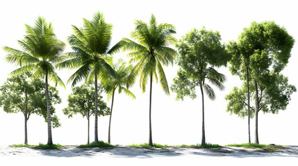 Obraz premium 3D Render of Lush Tropical Trees and Palm Trees on a Sandy Beach Against a White Background