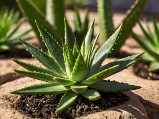 A lush aloe vera photographed at close range in a home garden