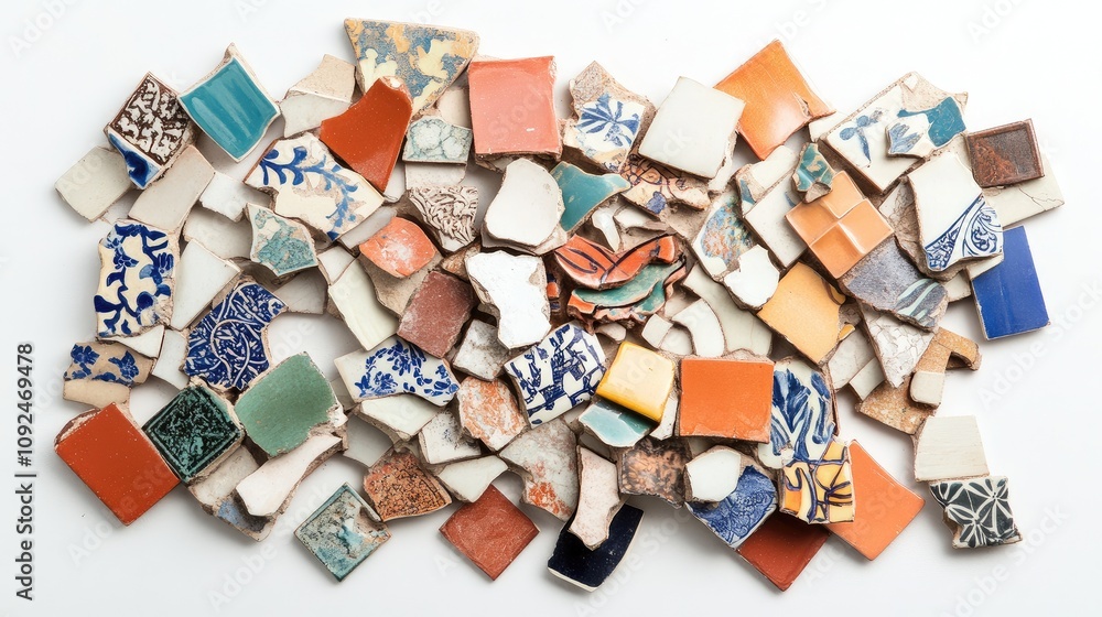 Poster colorful mosaic of various ceramic tile fragments featuring intricate patterns and smooth textures i