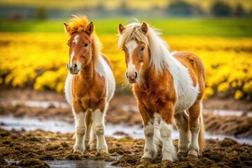 Obraz premium Aerial View of Two Adorable Fluffy Brown and White Ponies on Muddy Ground Surrounded by Blurred Yellow Fields - Perfect for Nature and Animal Lovers