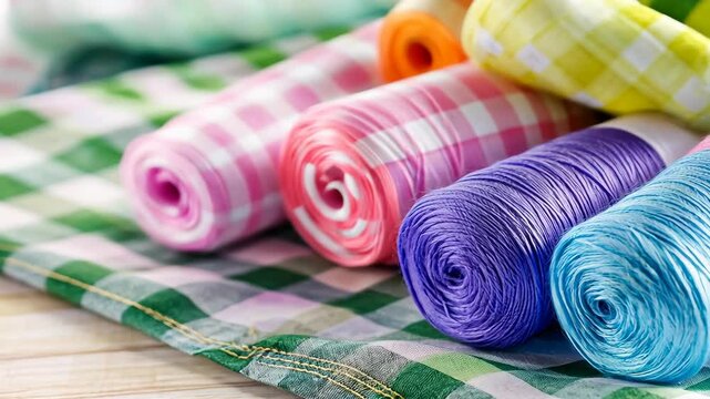 Several rolls of colorful gingham fabric are arranged on a green gingham tablecloth