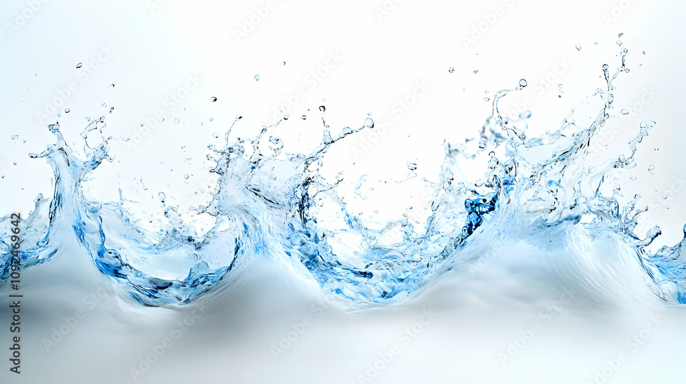 Poster 3d render of a water wave splashing dynamically against white background