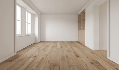 Obraz premium An empty room with white walls, wooden floors, and a large window. The room is bright and airy with natural light streaming in