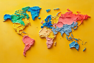 Colorful textured world map with continents made of textured plaster paint on solid yellow background