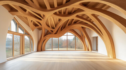 Obraz premium Sculptural roof with intertwined wooden beams - Bright daylight, organic and warm feel