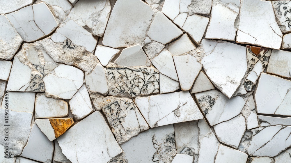 Poster a close-up view of fragmented marble wall tiles showing unique patterns and textures in natural ston