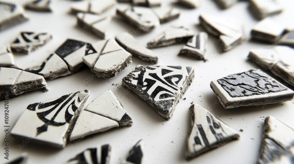 Poster collection of broken ceramic tile pieces with intricate black and white patterns spread on a plain s