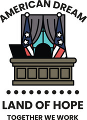 American dream logo with a desk and a flag