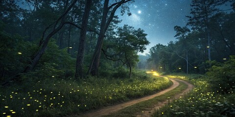 Fototapeta premium Fireflies illuminating a winding forest path, lanterns, walking trail