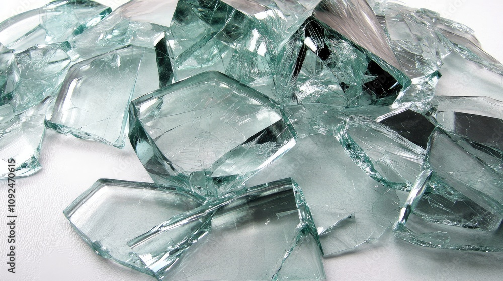 Aufkleber shattered fragmented pieces of clear glass showcasing iridescent edges and angular shapes on a white
