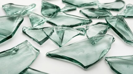 Obraz premium Shattered Glass Fragments Displaying Varied Shapes and Textures on a White Surface Ideal for Backgrounds and Creative Projects