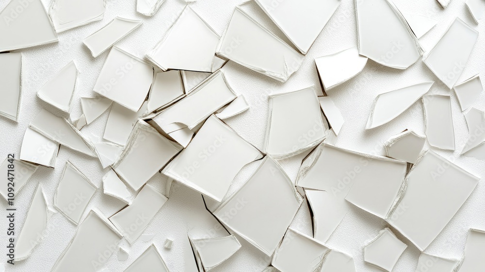 Aufkleber fragmented white ceramic pieces spread across a surface creating a chaotic texture with shattered ed