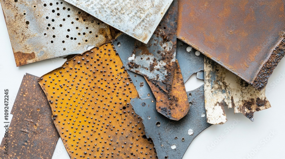 Poster diverse textures and patterns of rusty metal sheets arranged creatively on a light background, showc