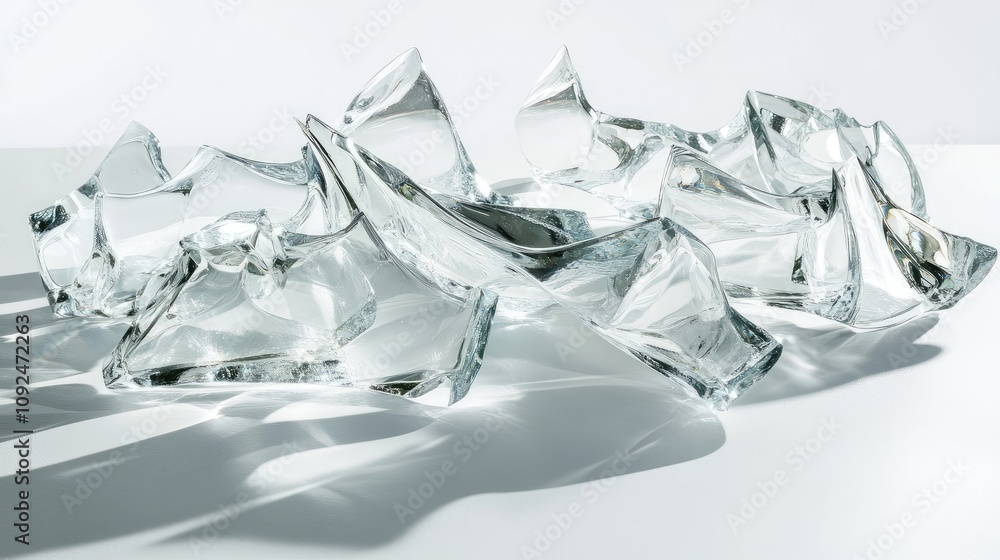 Poster abstract glass sculpture showcasing intricate curves and reflections, creating a dynamic play of lig