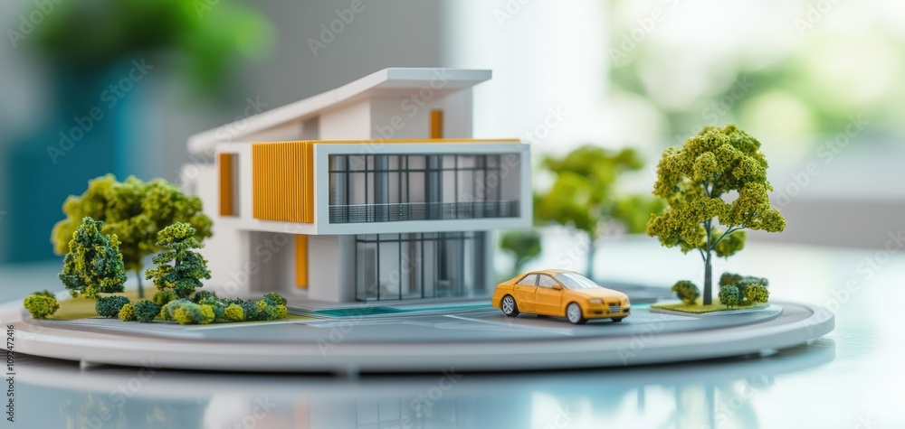 Poster architecture model precision concept. A modern architectural model featuring a stylish house, surrounded by greenery and a miniature car on a circular base.