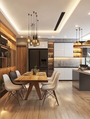 Modern Kitchen Dining Area With Wooden Table And Chairs