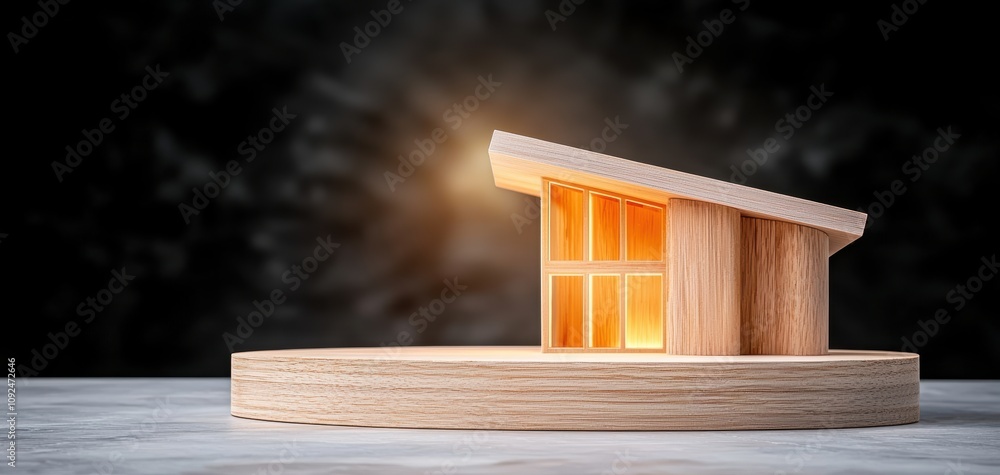 Poster architecture model precision concept. A modern wooden house model illuminated against a dark background, showcasing architectural design and innovative features.