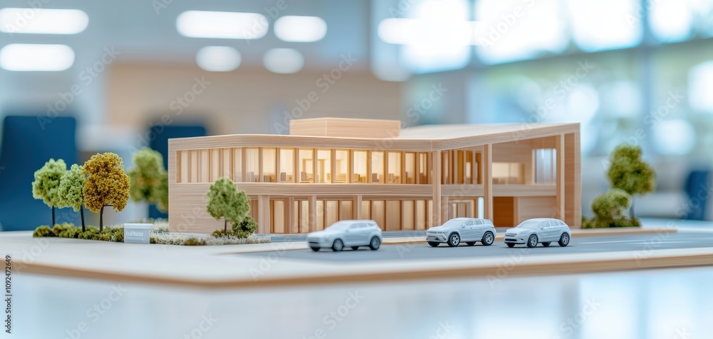 Poster architecture model precision concept. a detailed architectural model of a modern building, featuring