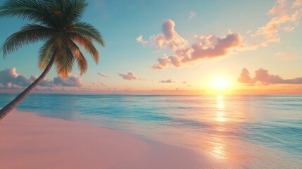 Obraz premium Sunset view over calm ocean with palm tree on sandy beach in tranquil setting. Generative AI