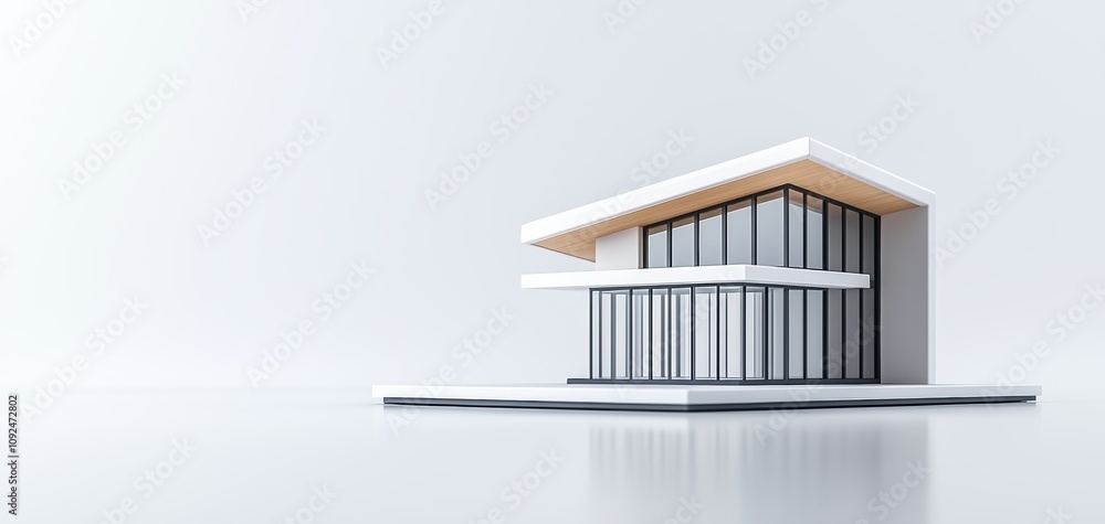 Poster architecture model precision concept. a modern, minimalist house design featuring large glass window