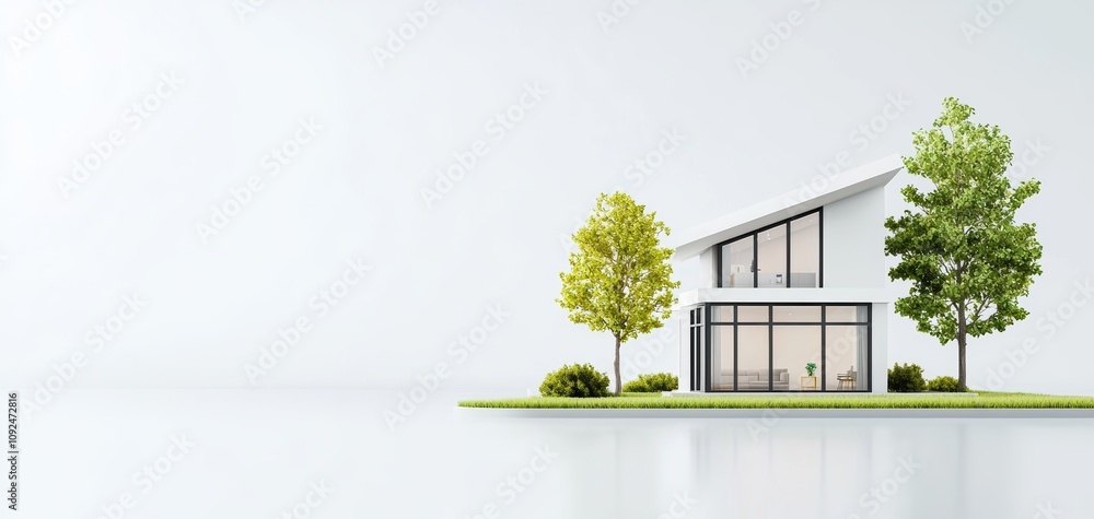Poster architecture model precision concept. A modern, minimalist house surrounded by green trees, featuring large windows and a clean design, set in a serene landscape.