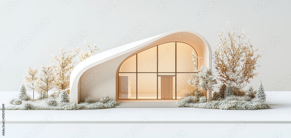 Poster architecture model precision concept. A modern architectural model showcasing a sleek, curved design surrounded by minimalist landscaping and trees.