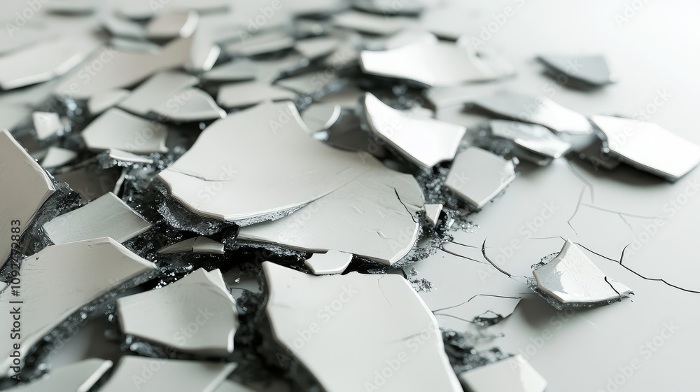 Poster shattered ceramic fragments spread across a surface, displaying a range of textures, colors, and irr
