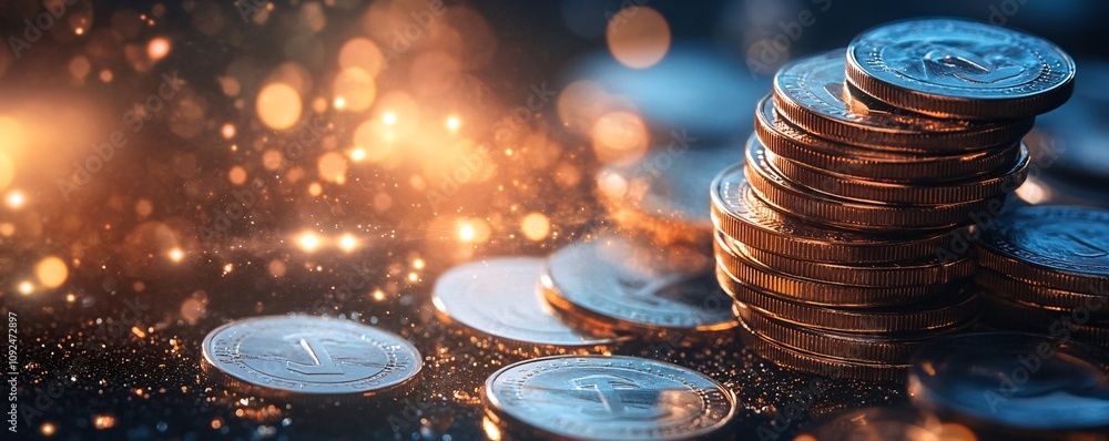 Poster stack of coins representing saving and investment on sparkling background