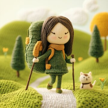 Texture illustration: little girl and cute cat walking in knitted landscape.