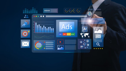 Digital marketing commerce online sale concept, Businessman working on screen with Ads dashboard digital marketing strategy analysis for branding. online advertisement, ad on website and social media.