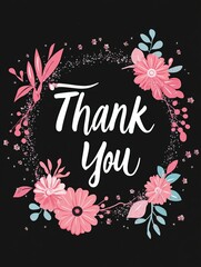 The Thank You greeting design is black, using a pastel pink background. And glitter decorations around the words.