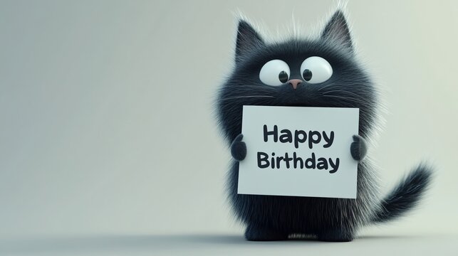 Cute cartoon cat holding a happy birthday sign in a minimalistic setting. Generative AI