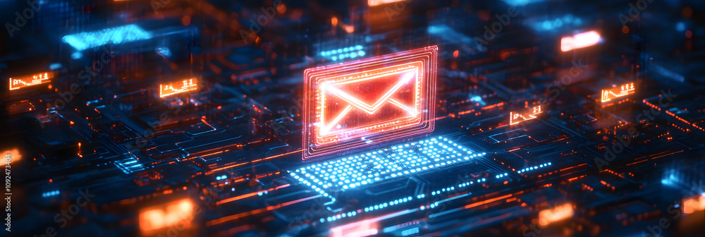 Poster a futuristic digital representation of a spam alert with a glowing envelope symbol on a circuit boar