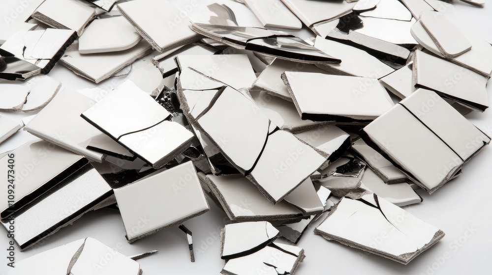 Poster shattered and cracked mirror fragments piled on white surface creating an abstract and artistic back